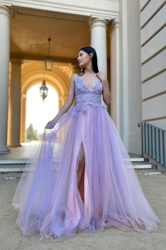 Lilac V-Neck Split Tulle Appliques Charming A-Line Prom Dresses