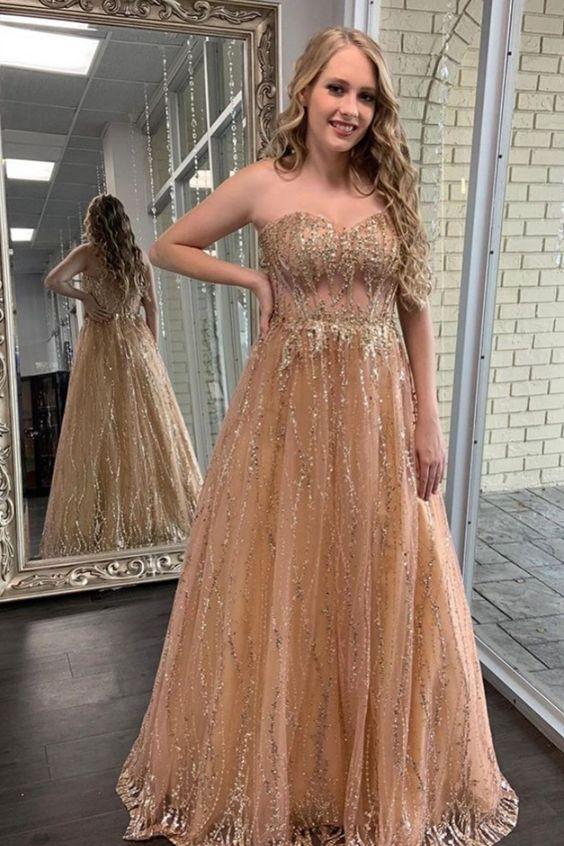 Sparkle Sweetheart A Line Evening Formal Dresses Gold Sequins Prom Dresses