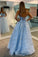 Sky Blue Stunning A-line Spaghetti Straps Sparkly Formal Evening Dresses Long Prom Dresses
