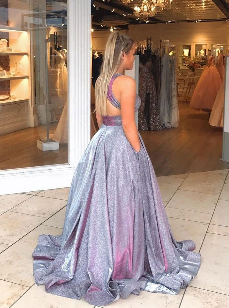 Sparkly A-line V neck Ball Gown Long Prom Dresses