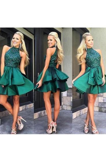Pretty A-line High Neck Above-knee Beaded Dark Blue Backless Short Homecoming Dresses