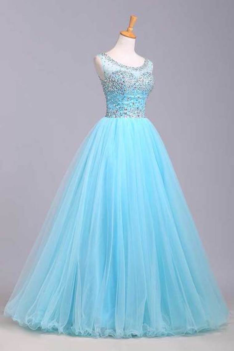 2024 Bateau Beaded Bodice A Line/Princess Prom Dress With Tulle Skirt Open Back