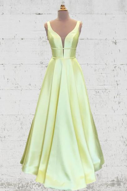 Unique A Line Yellow Satin Prom Dresses with Pockets Simple Formal STC15680