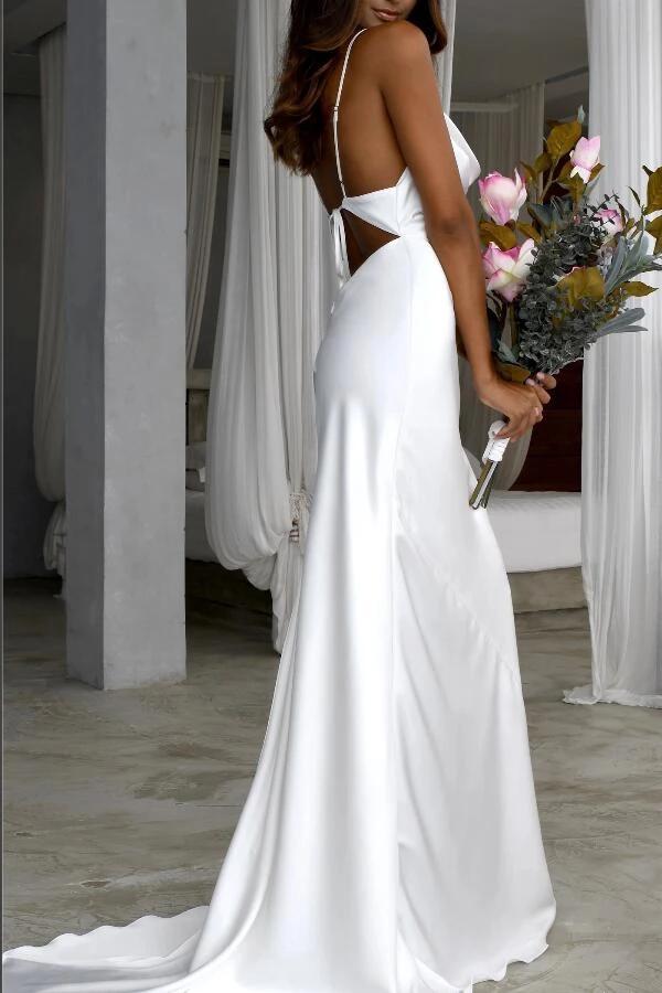 Elegant Mermaid Cowl Neckline White Simple Wedding Dresses, Spaghetti Straps Bridal Dress STC15177