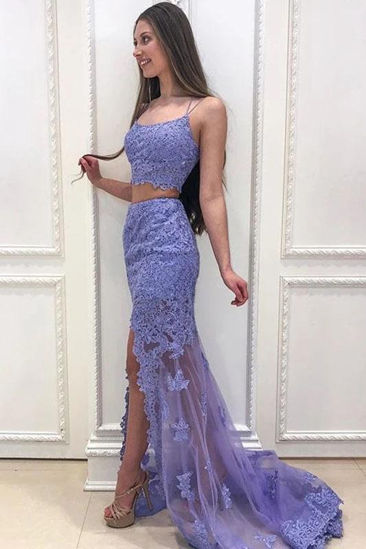 Elegant Two Pieces Mermaid Lilac Lace Slit Long Prom Dresses, Formal STC15645