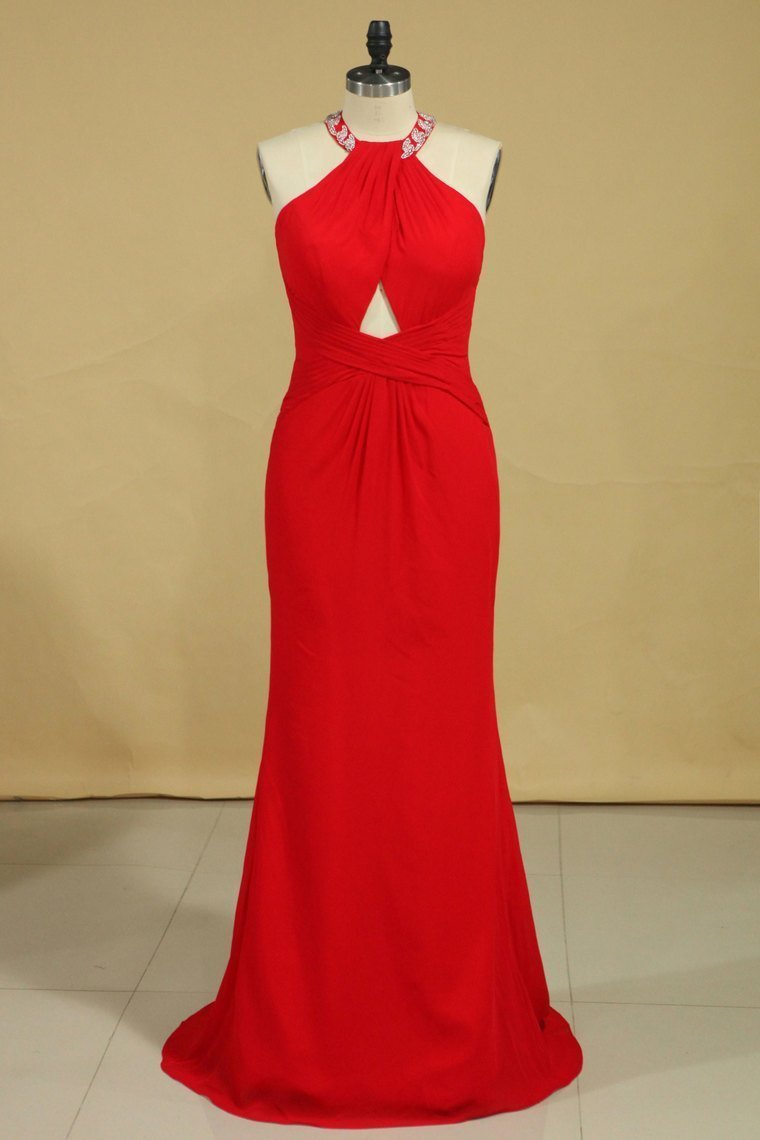 Red Plus Size Scoop Prom Dresses Floor Length Spandex With Beading And