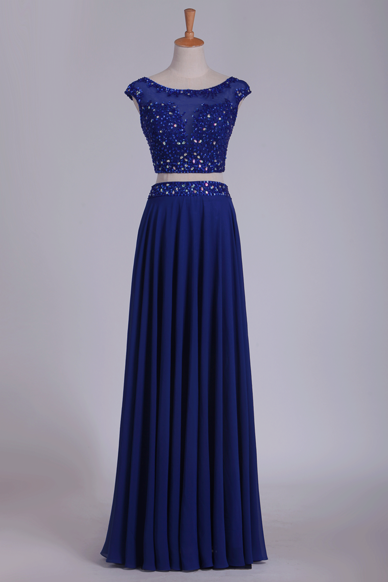 Two Pieces Scoop With Beading Prom Dresses A Line Floor Length Dark Royal
