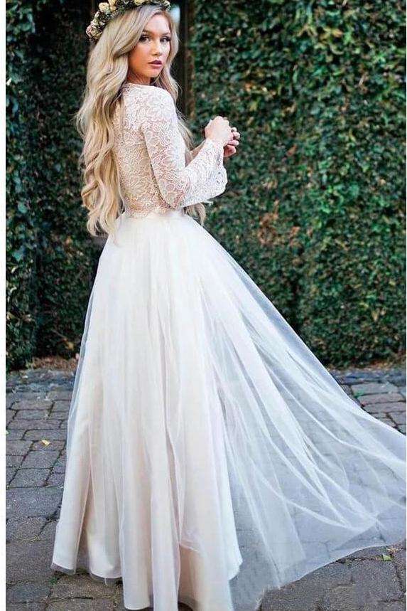 Princess Long Sleeve Lace Top Beach Wedding Dresses With Slit Tulle Ivory Wedding Gowns STC15299