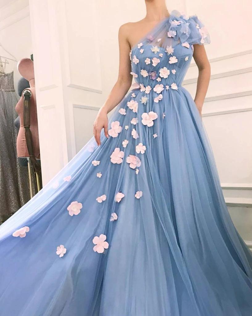Charming One Shoulder Blue Tulle 3D Flowers Prom Dresses, Long Cheap Dance Dresses STC15119