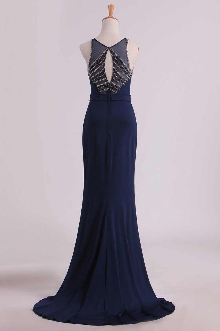 Spandex Scoop With Beading Sheath Evening Dresses Open Back Sweep