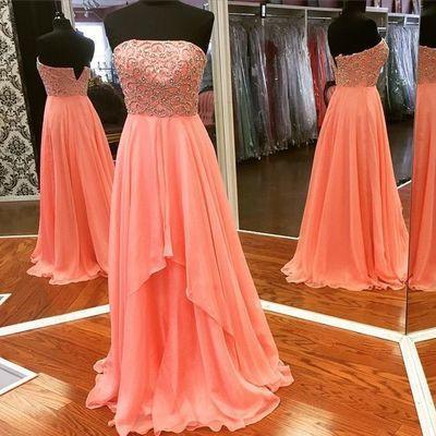 New Arrival Modest Strapless Straps Long Chiffon Pearl Pink Beaded Sexy Prom Dresses