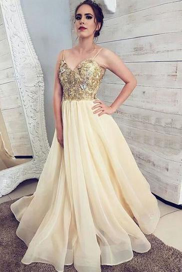 Princess Tulle Champagne Spaghetti Straps Sweetheart Prom Dress, Cheap Formal Dresses STC15310