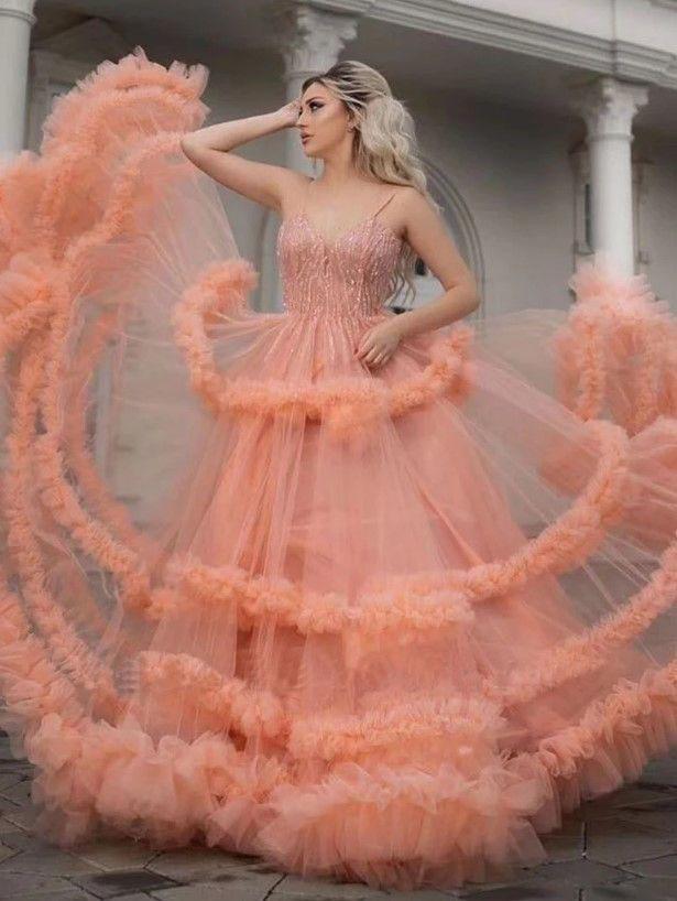 Gorgeous Ball Gown Spaghetti Straps Tulle Ruffles V Neck Prom Dresses with Sequins STC15519