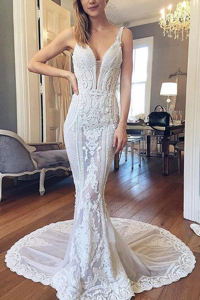Luxurious Mermaid Lace Ivory V Neck Wedding Dresses, Backless Straps Wedding Dresses STC15522