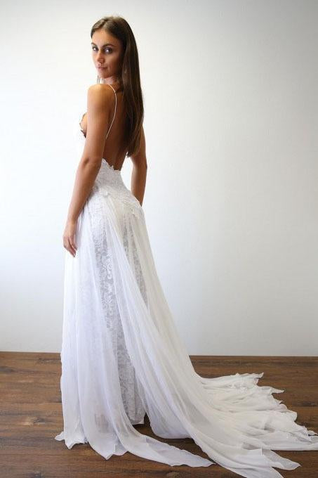 Spaghetti Straps Sweetheart White Lace Wedding Dresses with Chiffon Beach Bridal Dress STC15420