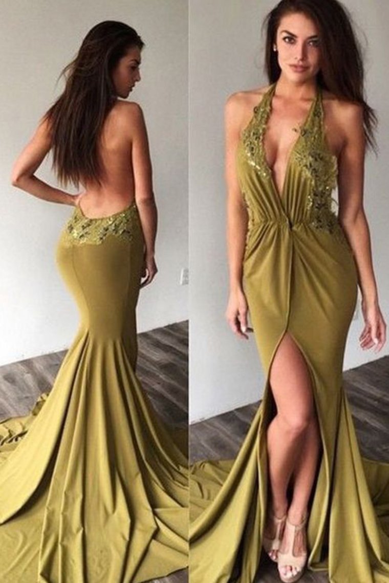 2024 New Arrival Halter Open Back Spandex With Applique Mermaid Prom