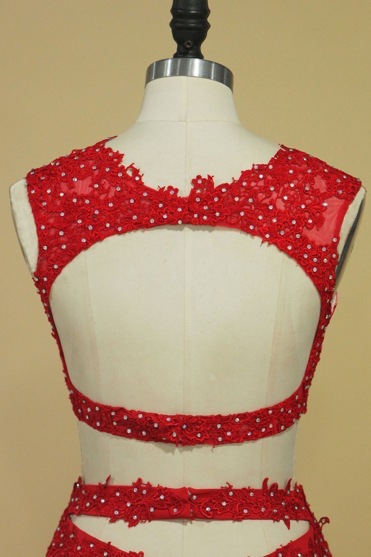 Red Two-Piece Scoop Sheath With Applique And Beads Spandex Prom