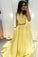 2 Pieces Long A-Line Yellow Satin Simple Cheap Prom Dresses With