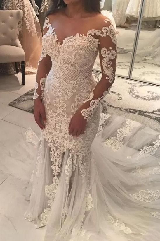 Long Sleeve Sparkly Mermaid V Neck Beads Wedding Dresses With Applique STC15249