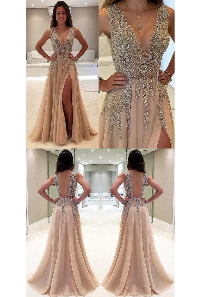 2024 Tulle Prom Dresses A Line V Neck With Beads And Slit