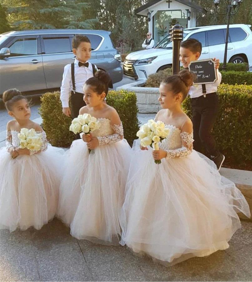 Ball Gown Long Sleeve Tulle Appliques Flower Girl Dresses with Bowknot, Baby Dresses STC15560