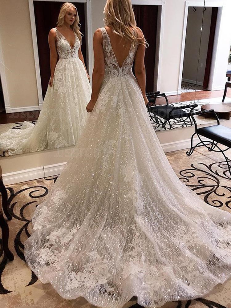 Luxurious Ball Gown V Neck Open Back Ivory Lace Wedding Dresses,Sequins Beach Bridal Dresses STC15259