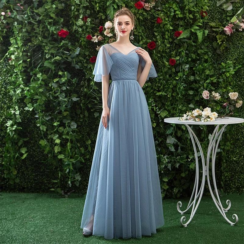 A Line V Neck Tulle Blue Cheap Prom Dress, Long Floor Length Bridesmaid Dresses STC15044