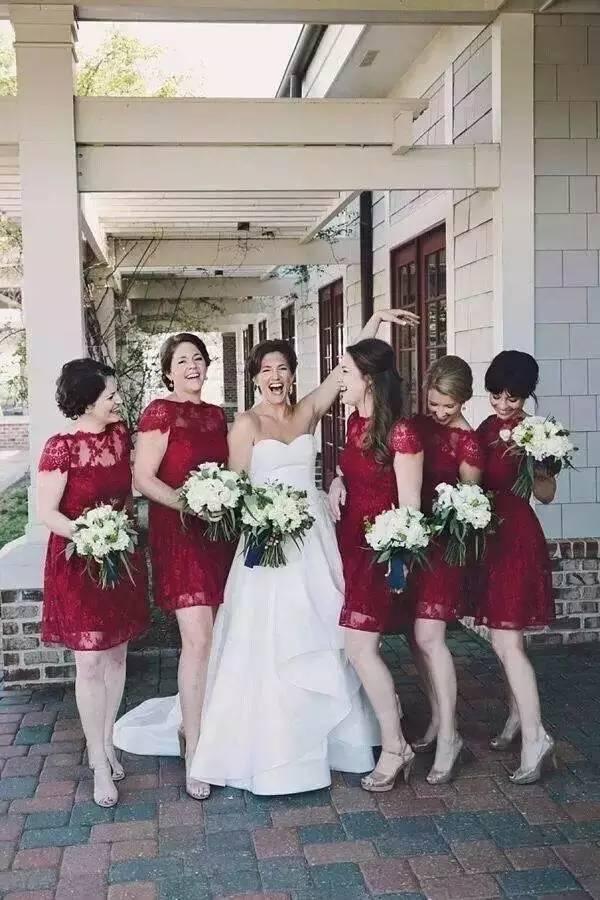 A Line Burgundy Lace Cap Sleeve Bridesmaid Dresses, Knee Length Short Wedding Party Dresses STC14995