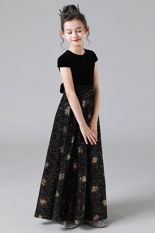 A Line Black Cap Sleeve Floor Length Flower Girl Dresses