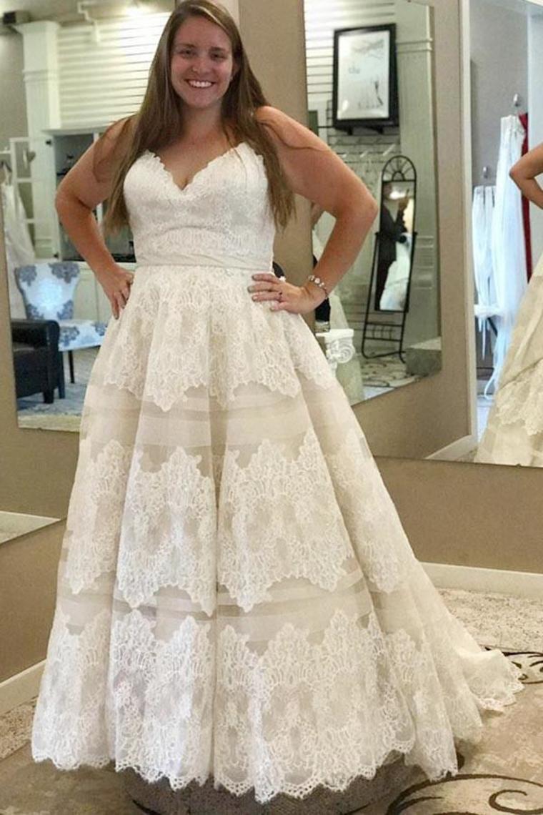Plus Sizes Ivory Lace Open Back Long Modest Wedding Dresses Bridal