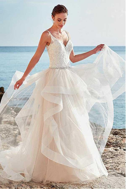 Spaghetti Straps Neckline Backless V-Neck Tulle A-Line Wedding Dresses With Beaded