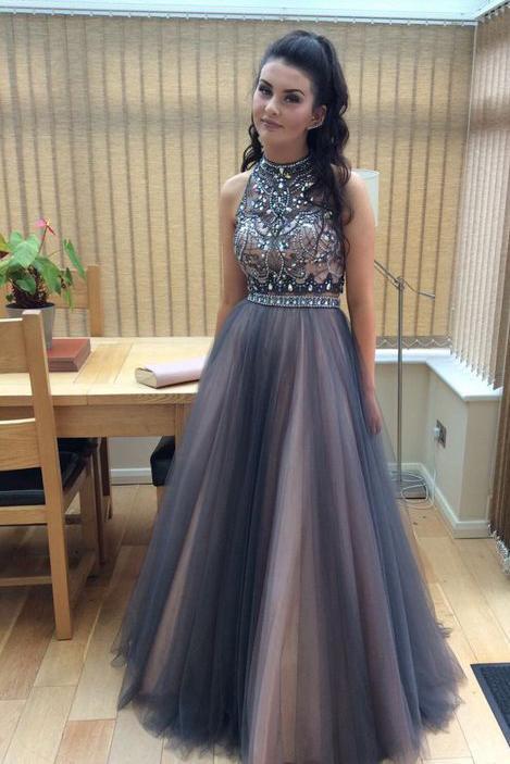 Full Length Sexy Tulle Beads Sleeveless A line Coffee Tulle Two Piece Prom