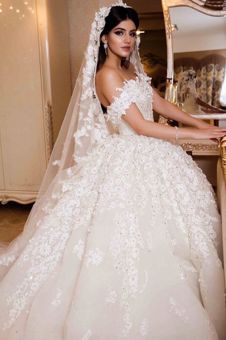 A Line Off The Shoulder Wedding Dresses Tulle With Applique And Beads Court