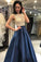 Modest Beading Blue Long A-Line Elegant Satin Prom Dresses Party