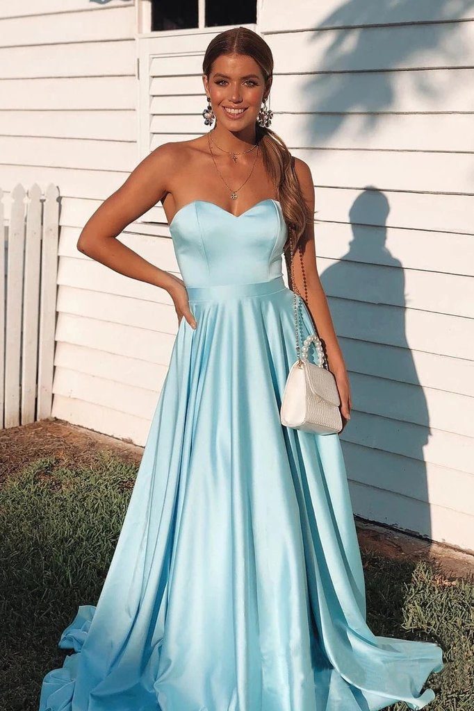 Simple A Line Sky Blue Sweetheart Satin Prom Dresses, Cheap Formal STC20442