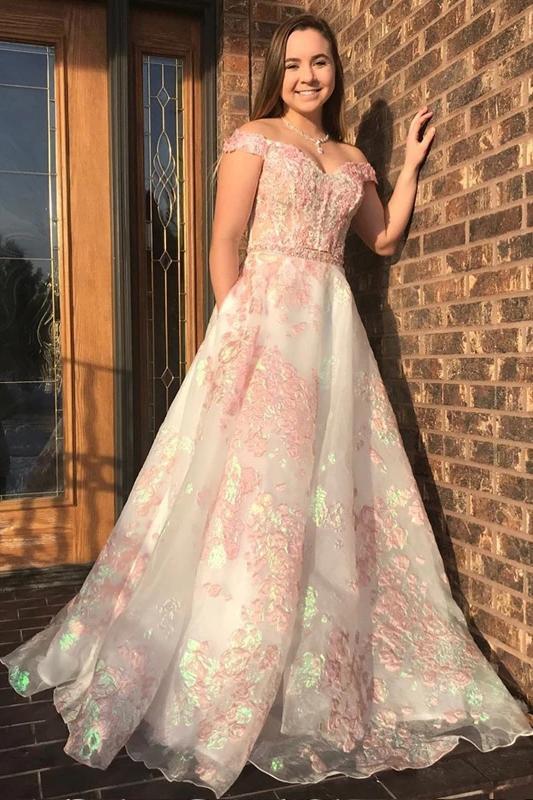 Luxury Off the Shoulder Sweetheart Pink Lace Appliques Prom Dress with STC20424