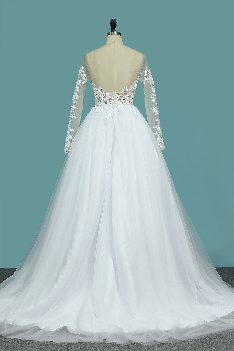 2024 Wedding Dresses Bateau Long Sleeves A Line With Applique Tulle Open