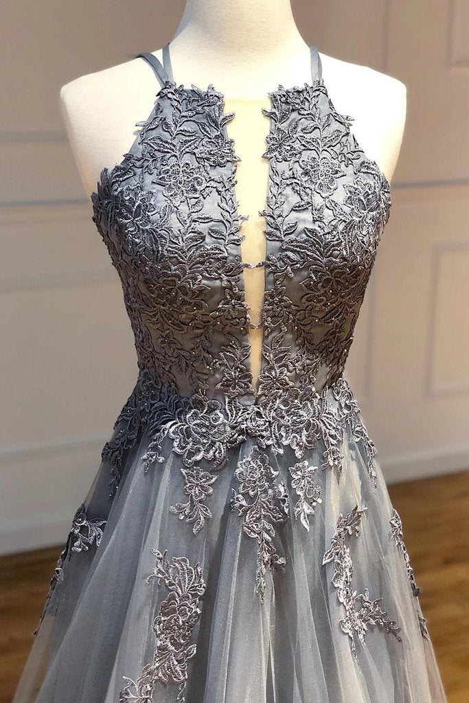 A Line Spaghetti Straps Lace Silver Long Prom Dresses with Applique Open Back Party Dresses STC15027