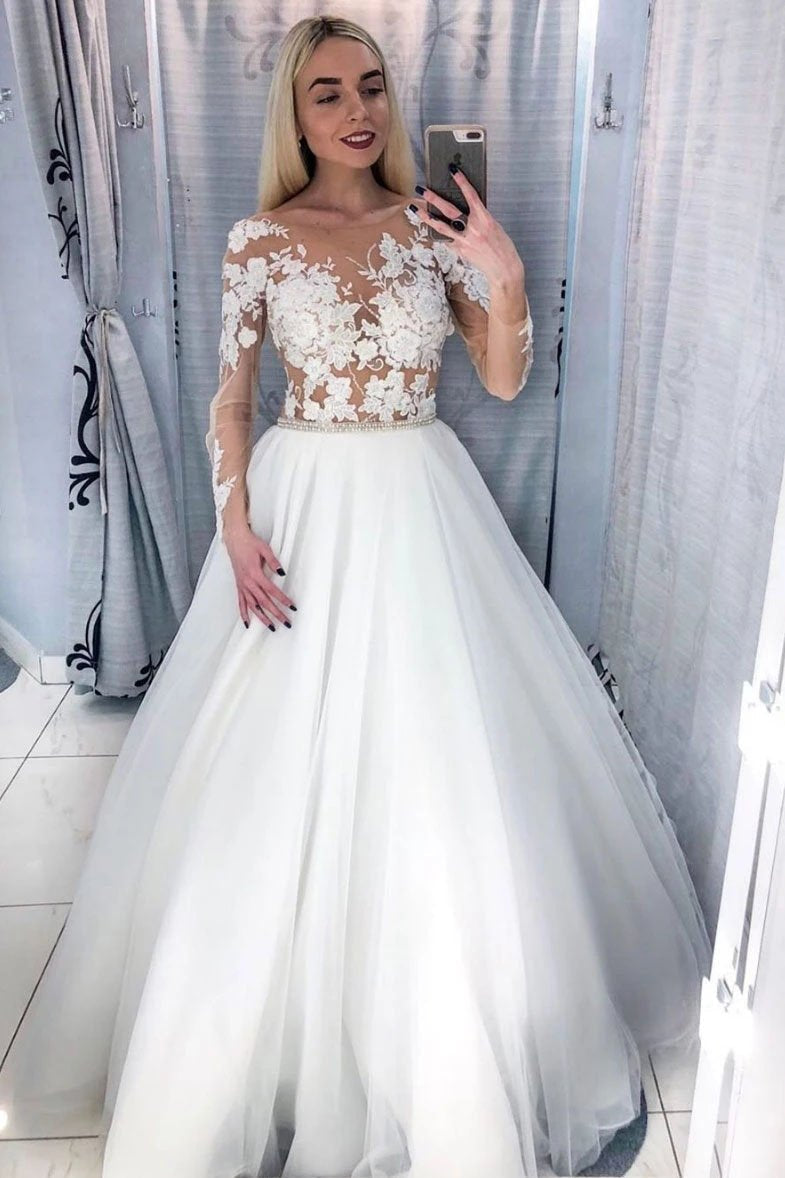 Charming Long Sleeve White Tulle Prom Dresses with Appliques, Long Evening Dress STC15105