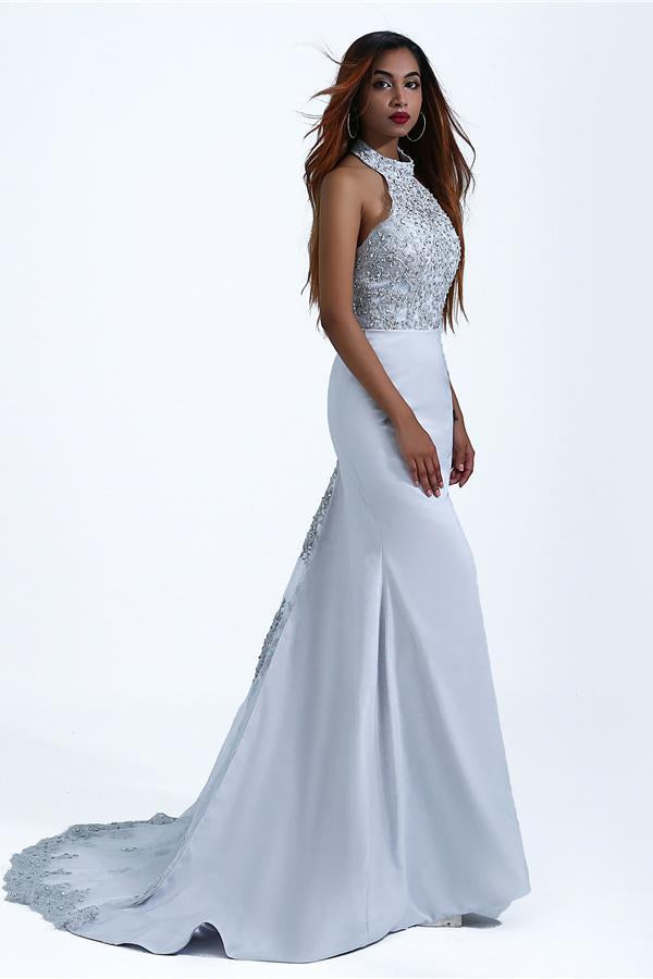 Charming Mermaid Halter Silver Sequins Prom Dresses with Appliques, Party STC15629