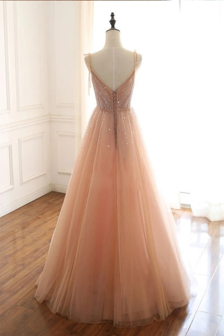 Sexy Straps Sleeveless Long Tulle Prom Dress With Beading Floor Length Sparkly Evening STCP6ZBZ4KZ