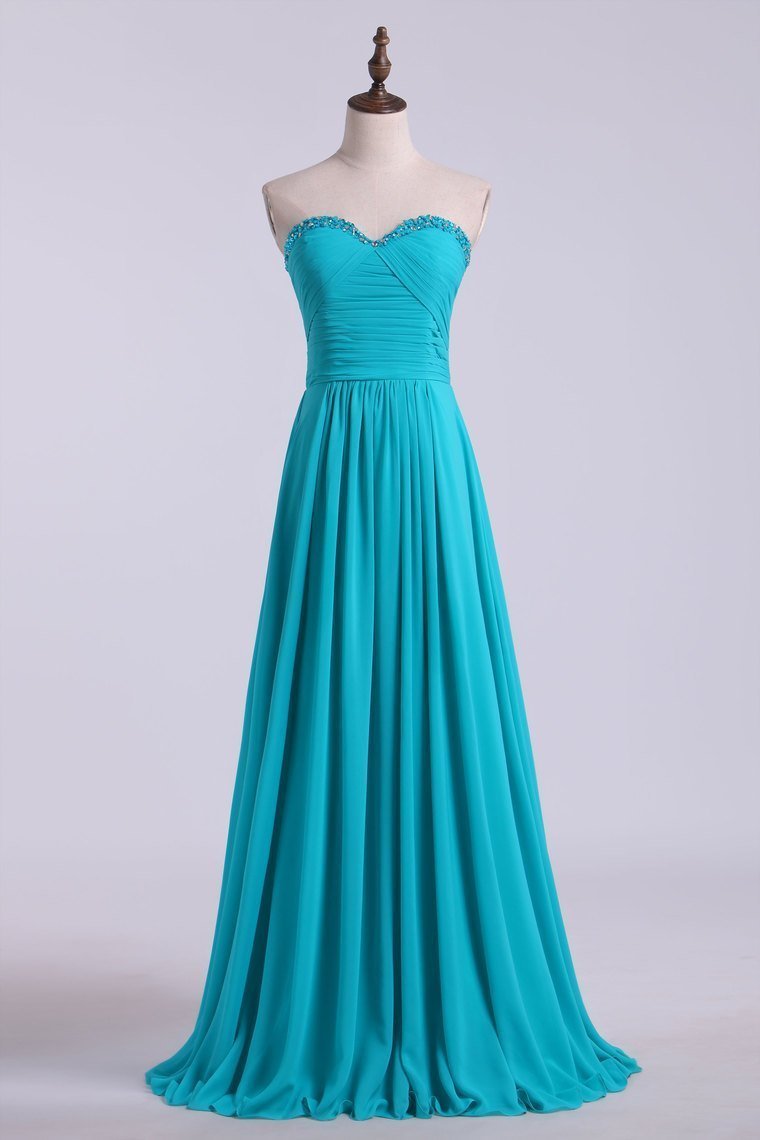 Sweetheart Neckline With Beads Pleated Bodice Floor Length Flowing Chiffon