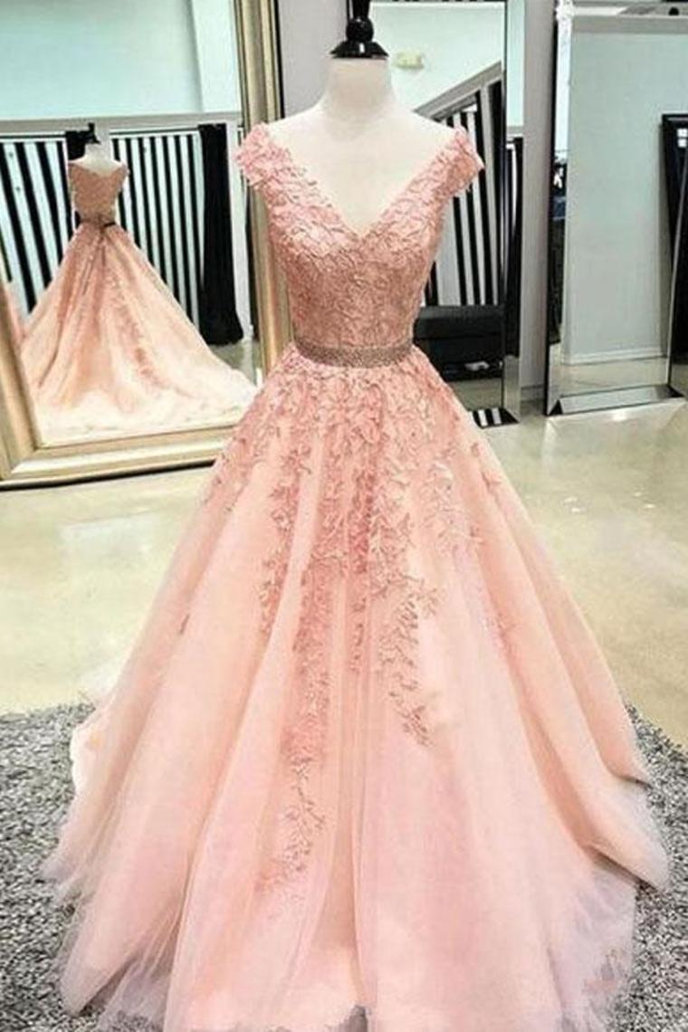 2024 Tulle Appliques A-Line V-Neck Prom Dresses WIth