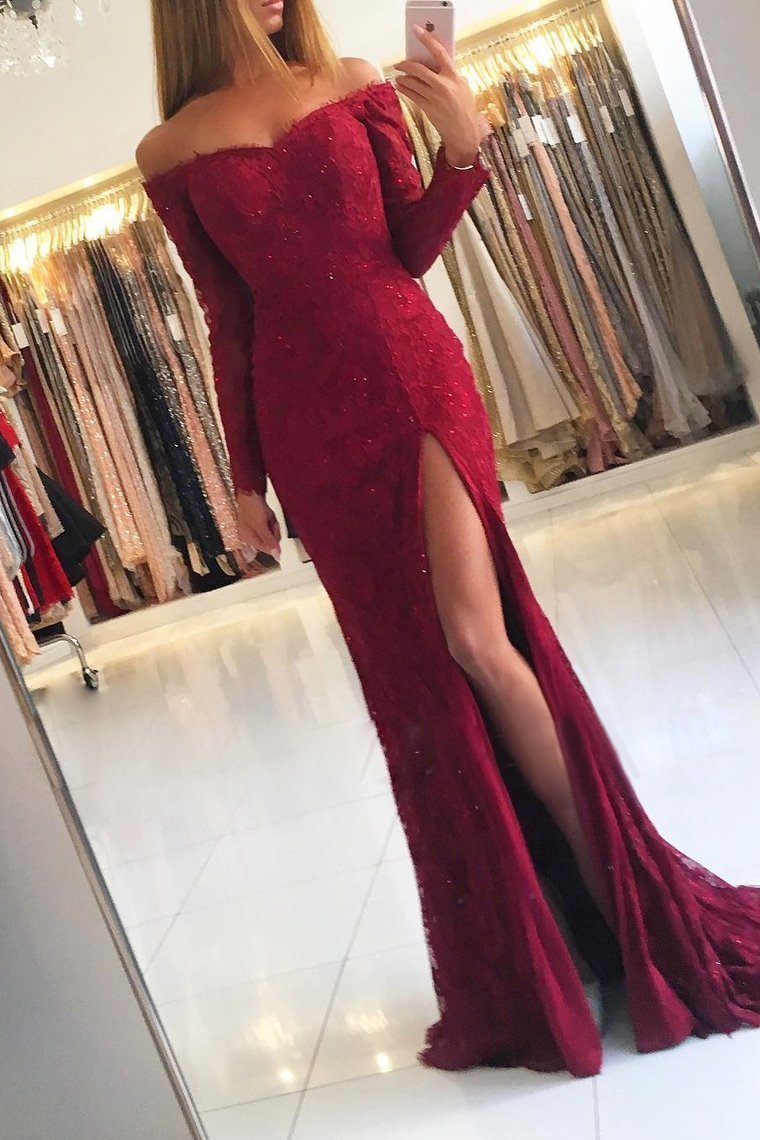 2024 Off The Shoulder Mermaid Long Sleeves Prom Dresses Lace With Slit Sweep
