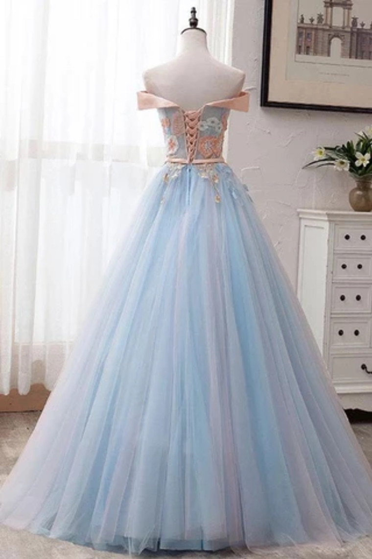Off Shoulder Floor Length Tulle Prom Gown With Appliques, Puffy Long Evening