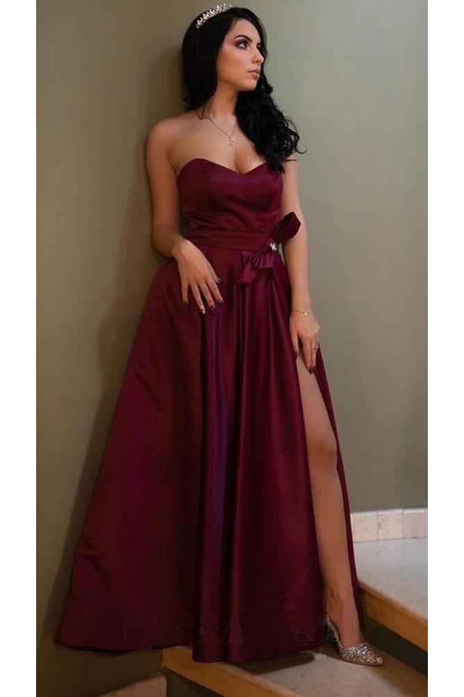 Unique A Line Burgundy Sweetheart Satin Strapless Prom Dresses Evening STC15676