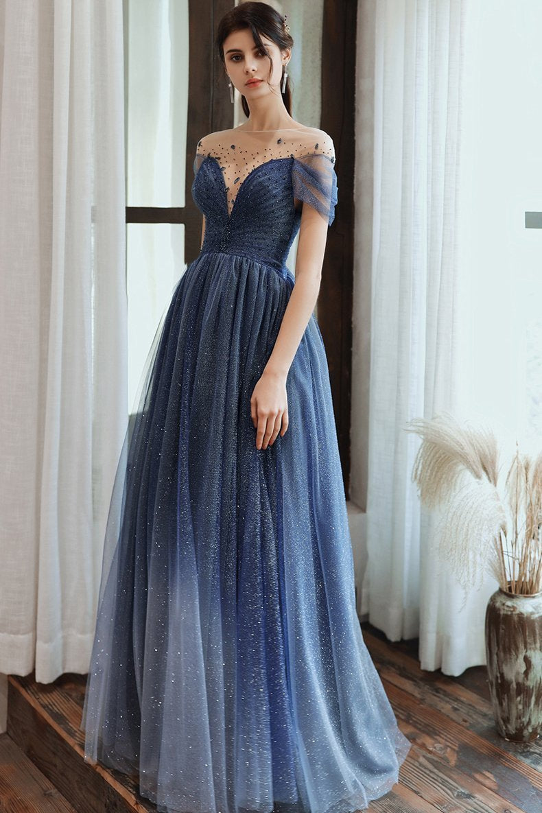 Charming A Line Blue Ombre Tulle Prom Dresses with Open Back Evening STC15622