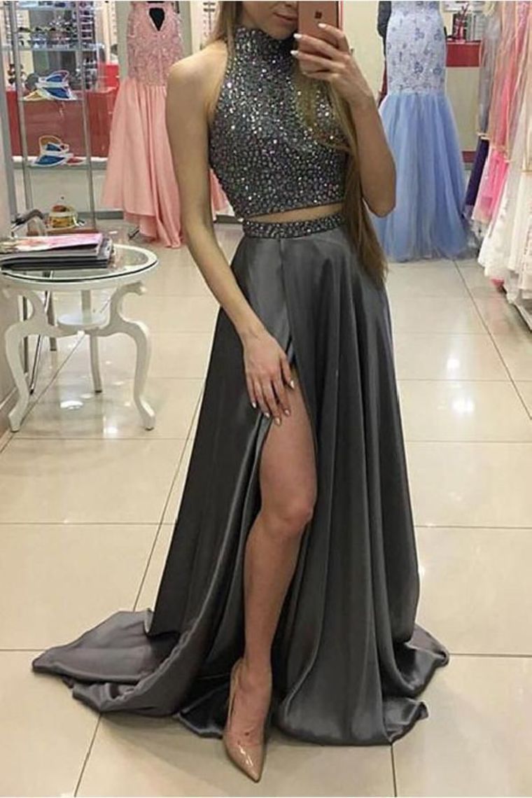 Two Pieces Gray Beading Long A-Line Front Split Elegant Prom Dresses For