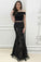 Charming 2 Pieces Black Lace Long Prom Dresses Modest Sheath Evening