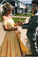 Elegant Two Pieces Yellow Off the Shoulder Prom Dresses Satin Appliques Party Dresses STC15210